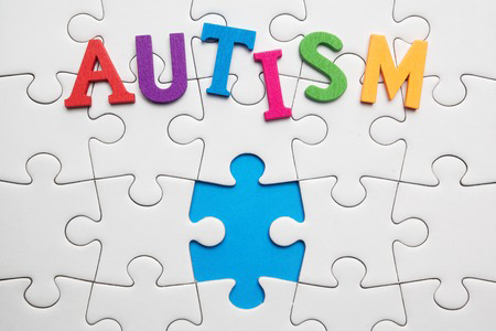 autism inscription on a white puzzle background. symbol of autism.